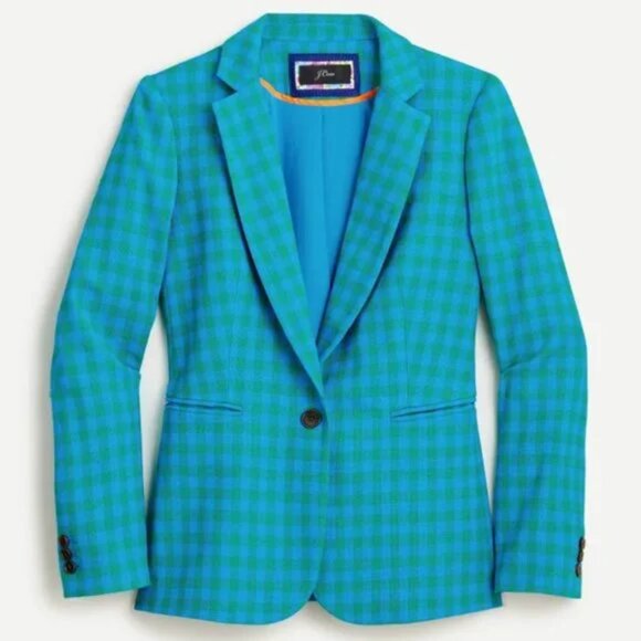 J. Crew Parke Plaid Blazer Size 0 Deep Blue Gingham Preppy Academia Office Retro - Picture 1 of 15